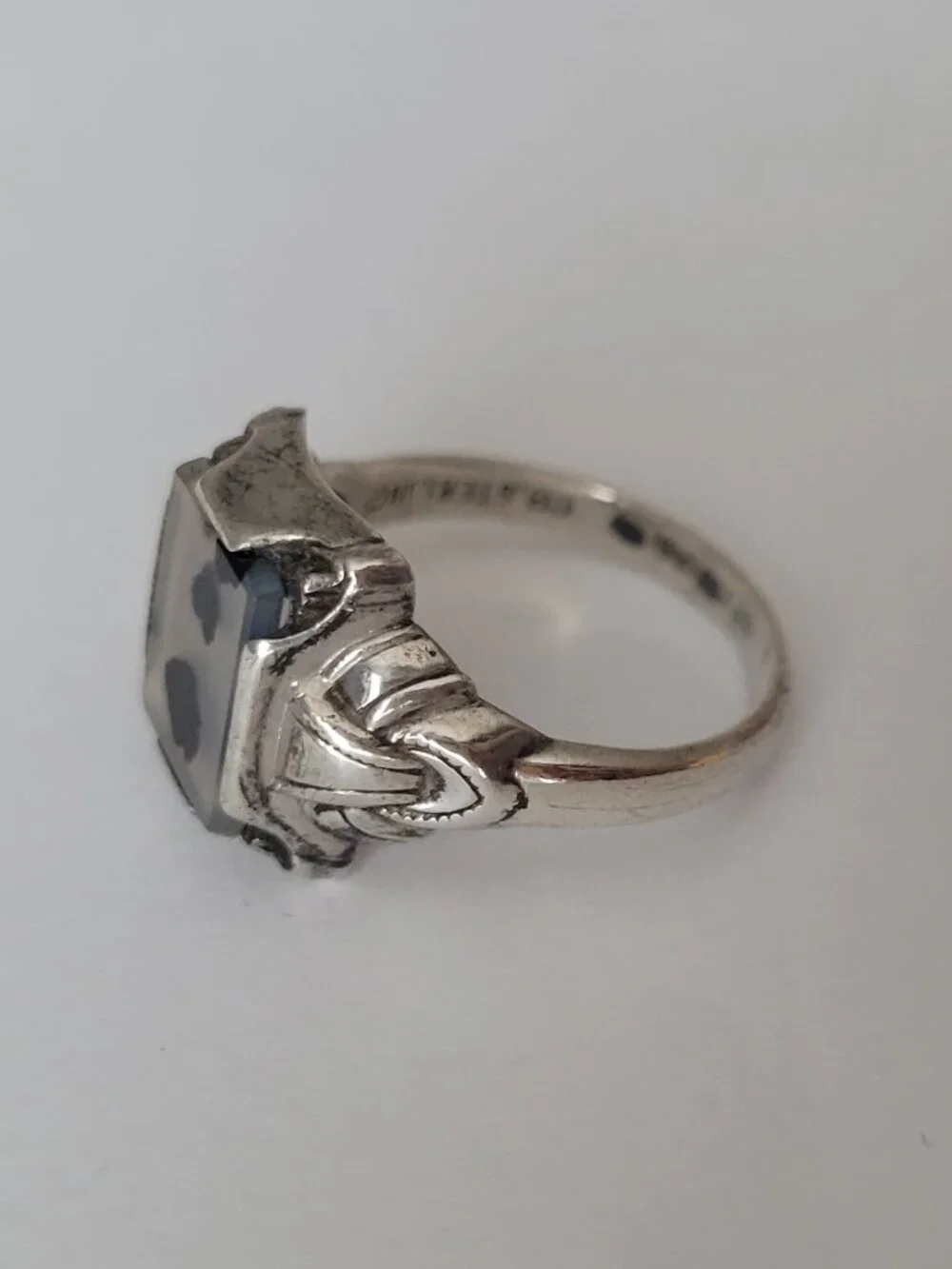 Art Deco Moss Agate Sterling Ring Ostby Barton Signet
